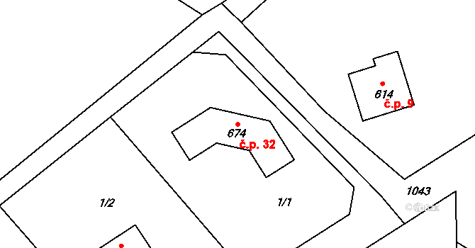 Vlkančice 32 na parcele st. 674 v KÚ Vlkančice, Katastrální mapa