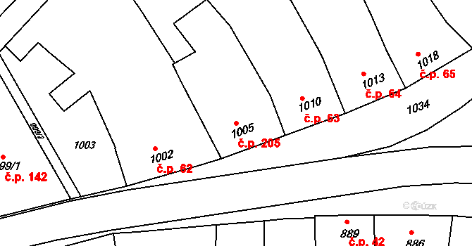Pustiměřské Prusy 205, Pustiměř na parcele st. 1005 v KÚ Pustiměř, Katastrální mapa