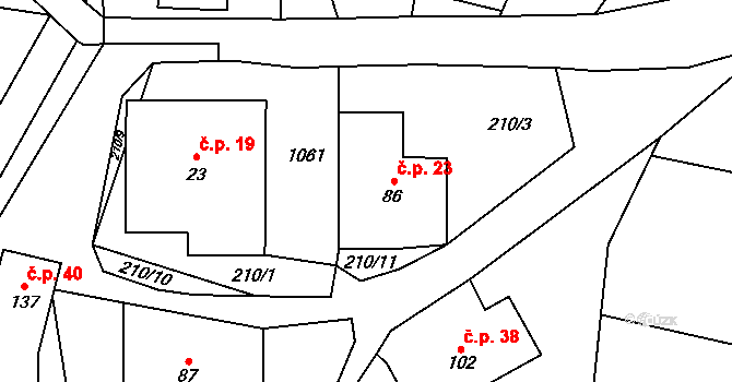 Bratroňov 23, Ctětín na parcele st. 86 v KÚ Ctětín, Katastrální mapa