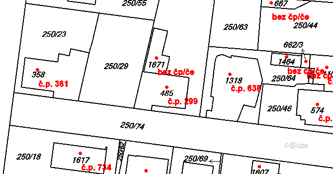 Rosice 299, Pardubice na parcele st. 485 v KÚ Rosice nad Labem, Katastrální mapa
