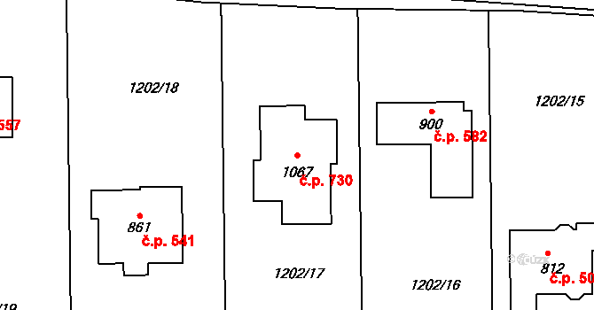 Kudlov 730, Zlín na parcele st. 1067 v KÚ Kudlov, Katastrální mapa