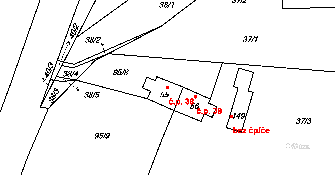 Třebanice 38, Lhenice na parcele st. 55 v KÚ Třebanice, Katastrální mapa