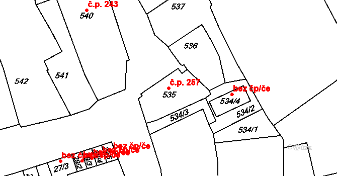 Dobruška 257 na parcele st. 535 v KÚ Dobruška, Katastrální mapa