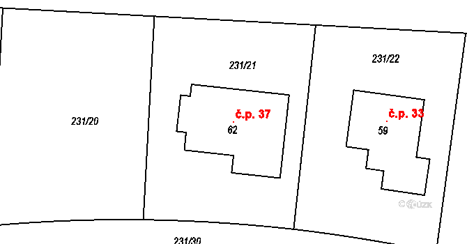 Radimovice 37, Petříkov na parcele st. 62 v KÚ Radimovice u Velkých Popovic, Katastrální mapa