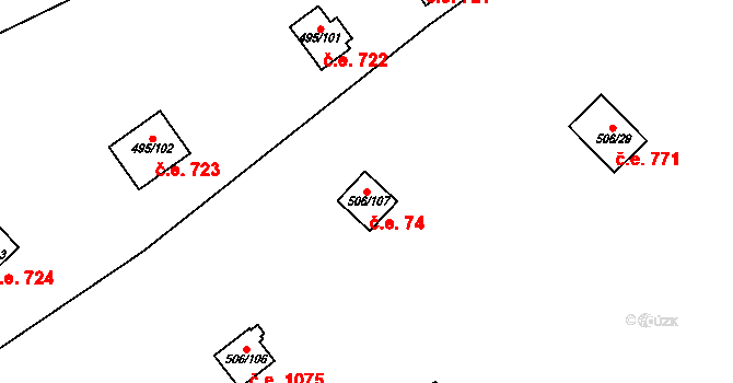 Bítov 74 na parcele st. 506/107 v KÚ Bítov, Katastrální mapa