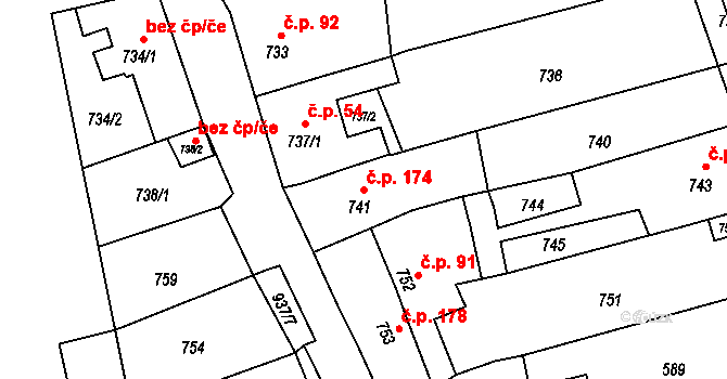 Přerov VII-Čekyně 174, Přerov na parcele st. 741 v KÚ Čekyně, Katastrální mapa