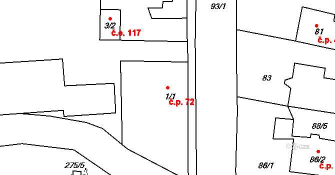 Pávov 72, Jihlava na parcele st. 1/1 v KÚ Pávov, Katastrální mapa