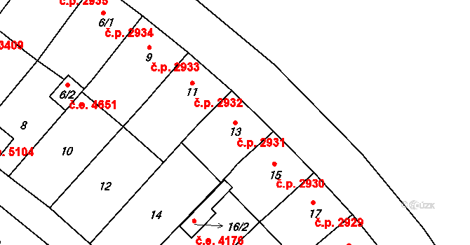 Helenín 2931, Jihlava na parcele st. 13 v KÚ Helenín, Katastrální mapa