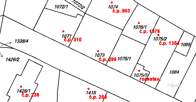 Ratíškovice 299 na parcele st. 1073 v KÚ Ratíškovice, Katastrální mapa