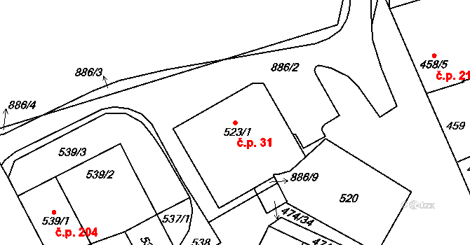 Milokošť 31, Veselí nad Moravou na parcele st. 523/1 v KÚ Milokošť, Katastrální mapa