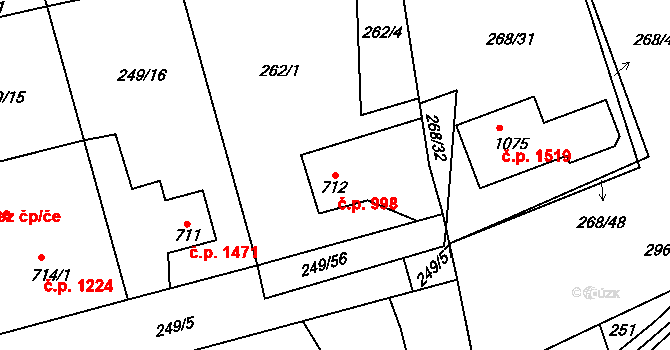Švermov 998, Kladno na parcele st. 712 v KÚ Hnidousy, Katastrální mapa
