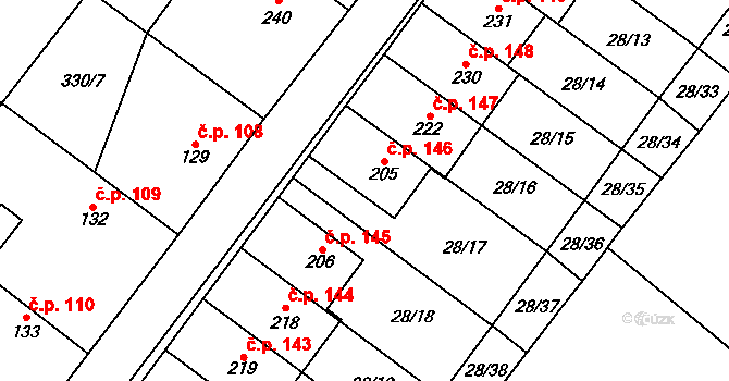Střelice 146, Uničov na parcele st. 205 v KÚ Střelice u Litovle, Katastrální mapa