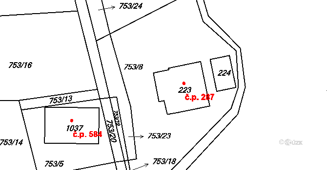 Ryžoviště 287, Harrachov na parcele st. 223 v KÚ Harrachov, Katastrální mapa