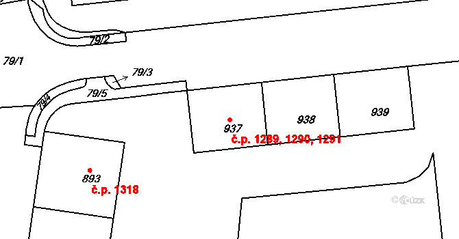 Sokolov 1289,1290,1291 na parcele st. 937 v KÚ Sokolov, Katastrální mapa