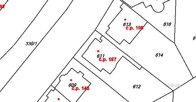 Podolí 187, Praha na parcele st. 611 v KÚ Podolí, Katastrální mapa