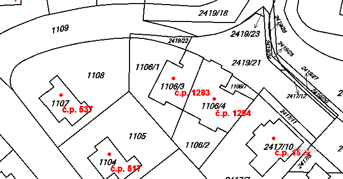 Hostivař 1283, Praha na parcele st. 1106/3 v KÚ Hostivař, Katastrální mapa