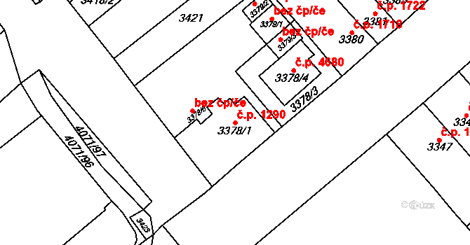 Chomutov 1290 na parcele st. 3378/1 v KÚ Chomutov I, Katastrální mapa