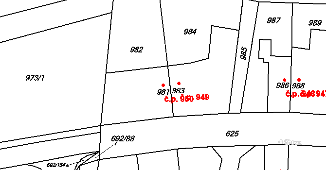 Šumbark 950, Havířov na parcele st. 981 v KÚ Šumbark, Katastrální mapa