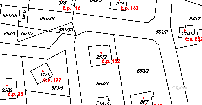 Pikovice 152, Hradištko na parcele st. 2572 v KÚ Hradištko pod Medníkem, Katastrální mapa