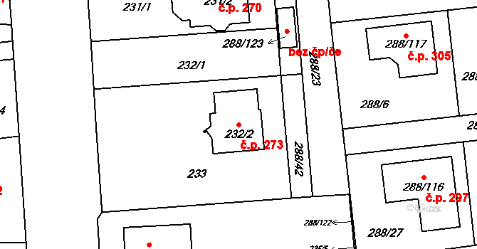 Červený Kříž 273, Jihlava na parcele st. 232/2 v KÚ Antonínův Důl, Katastrální mapa