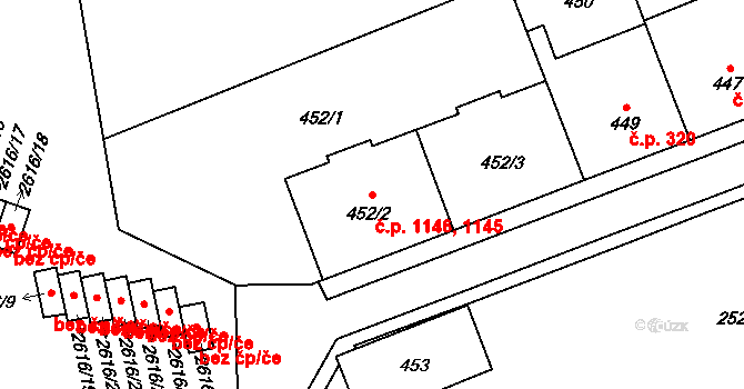 Skvrňany 1145,1146, Plzeň na parcele st. 452/2 v KÚ Skvrňany, Katastrální mapa