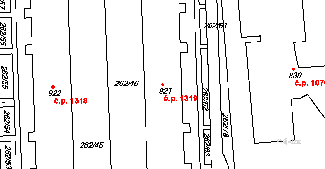 Rudná 1319 na parcele st. 921 v KÚ Hořelice, Katastrální mapa