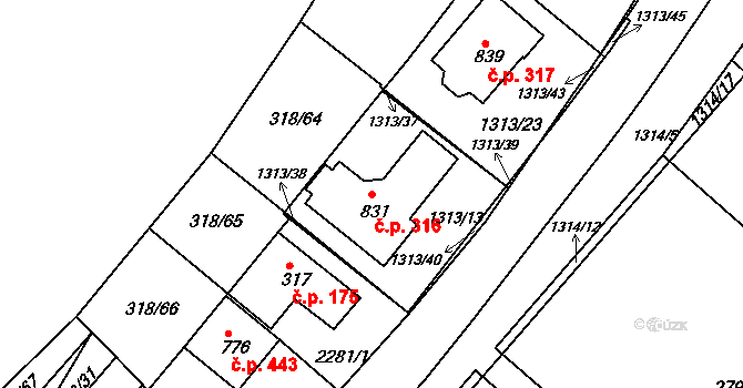 Pozlovice 316 na parcele st. 831 v KÚ Pozlovice, Katastrální mapa