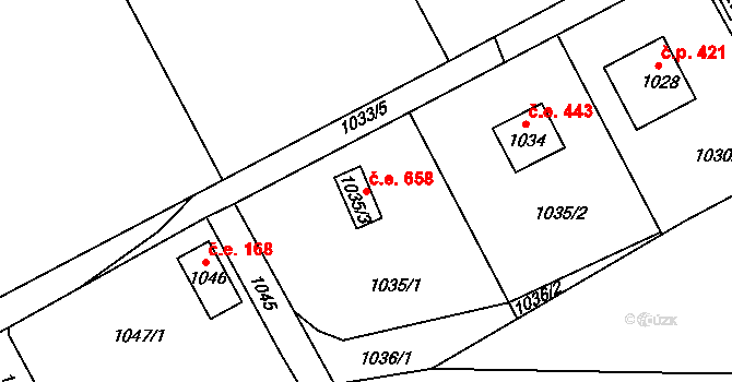 Lety 658 na parcele st. 1035/3 v KÚ Lety u Dobřichovic, Katastrální mapa