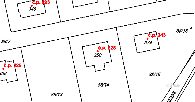 Velký Ořechov 228 na parcele st. 350 v KÚ Velký Ořechov, Katastrální mapa