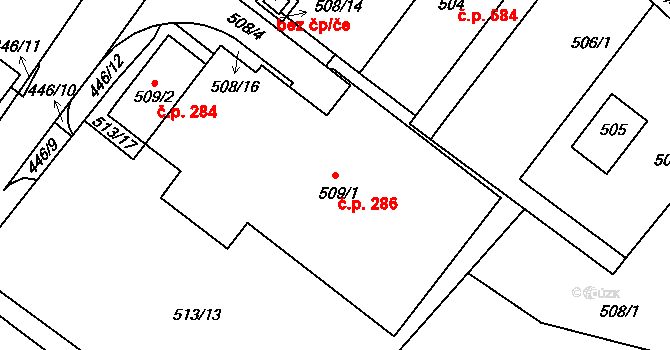 Kopřivnice 286 na parcele st. 509/1 v KÚ Kopřivnice, Katastrální mapa