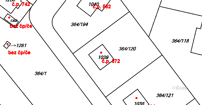 Nučice 572 na parcele st. 1039 v KÚ Nučice u Rudné, Katastrální mapa