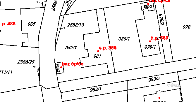 Hrabová 355, Ostrava na parcele st. 981 v KÚ Hrabová, Katastrální mapa