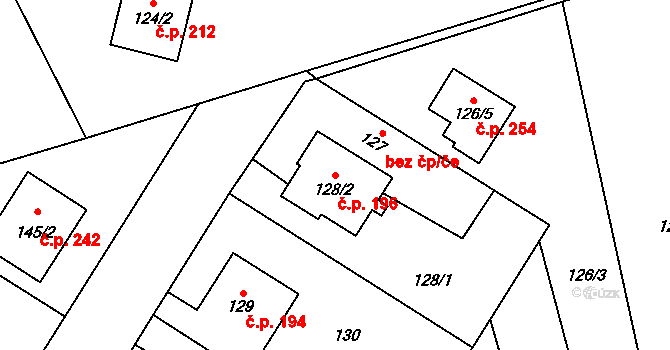 Chlebičov 196 na parcele st. 128/2 v KÚ Chlebičov, Katastrální mapa