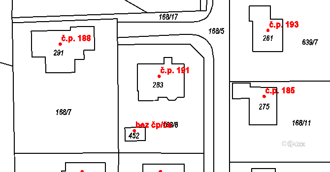 Jamné 191 na parcele st. 283 v KÚ Jamné u Jihlavy, Katastrální mapa