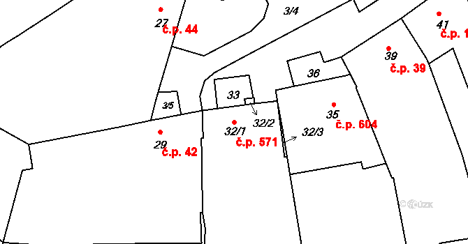 Jarošov 571, Uherské Hradiště na parcele st. 32/1 v KÚ Jarošov u Uherského Hradiště, Katastrální mapa