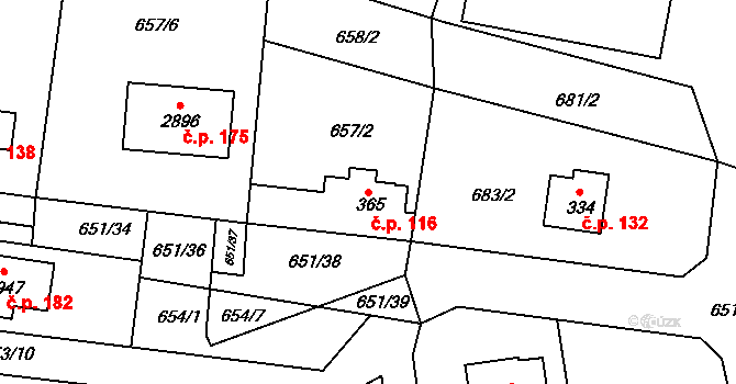 Pikovice 116, Hradištko na parcele st. 365 v KÚ Hradištko pod Medníkem, Katastrální mapa