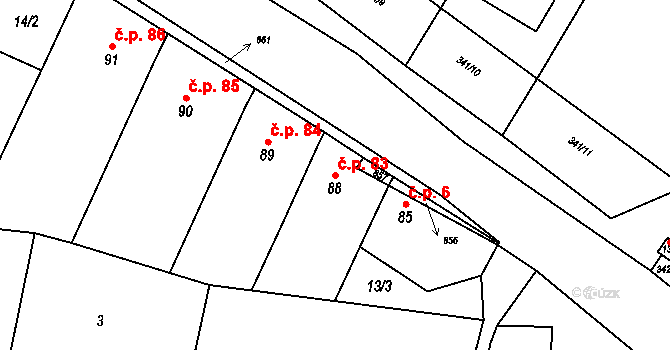 Voděrady 83 na parcele st. 88 v KÚ Voděrady u Kunštátu, Katastrální mapa