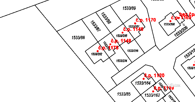Řeporyje 1178, Praha na parcele st. 1533/202 v KÚ Řeporyje, Katastrální mapa