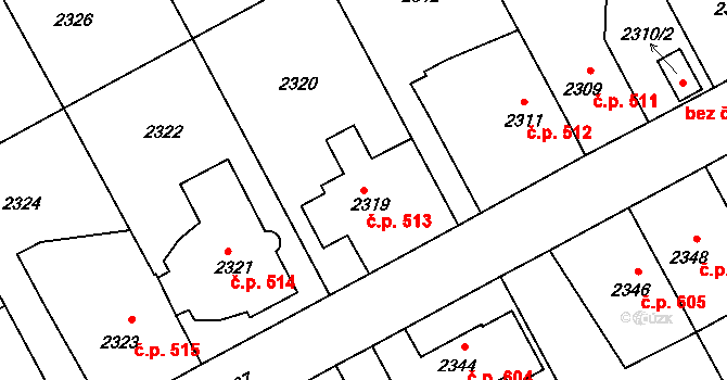 Kopřivnice 513 na parcele st. 2319 v KÚ Kopřivnice, Katastrální mapa