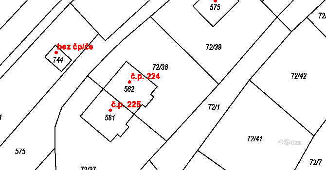 Roztoky 224 na parcele st. 582 v KÚ Roztoky u Křivoklátu, Katastrální mapa