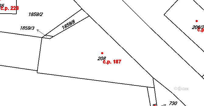 Lubenec 187 na parcele st. 208 v KÚ Lubenec, Katastrální mapa