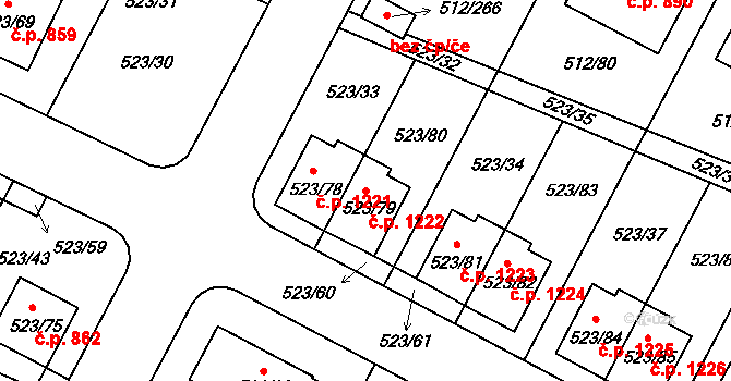 Srubec 1222 na parcele st. 523/79 v KÚ Srubec, Katastrální mapa