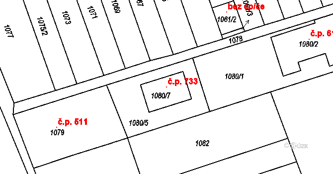 Křenovice 733 na parcele st. 1080/7 v KÚ Křenovice u Slavkova, Katastrální mapa