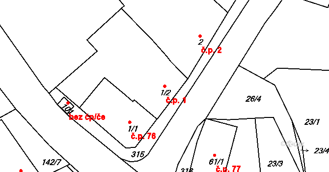 Hrdibořice 1 na parcele st. 1/2 v KÚ Hrdibořice, Katastrální mapa