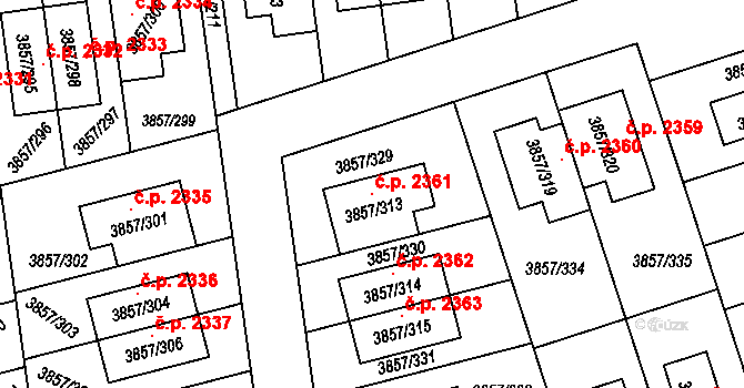 Modřany 2361, Praha na parcele st. 3857/313 v KÚ Modřany, Katastrální mapa