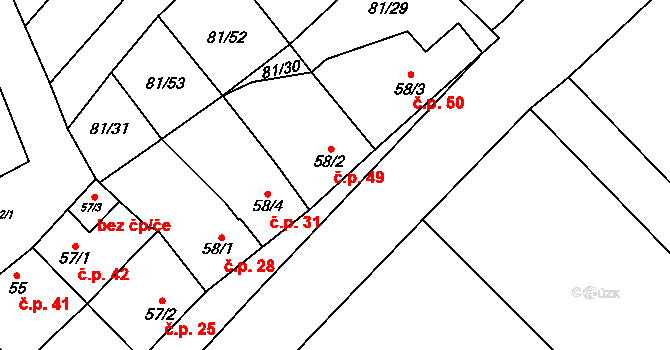 Prostějovičky 49 na parcele st. 58/2 v KÚ Prostějovičky, Katastrální mapa