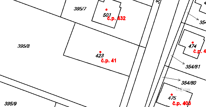 Rožďalovice 41 na parcele st. 423 v KÚ Rožďalovice, Katastrální mapa