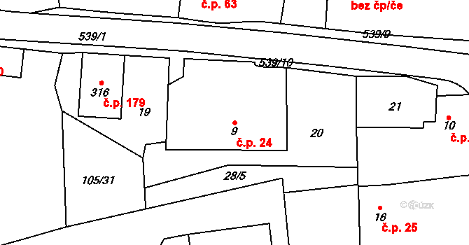 Tmaň 24 na parcele st. 9 v KÚ Tmaň, Katastrální mapa