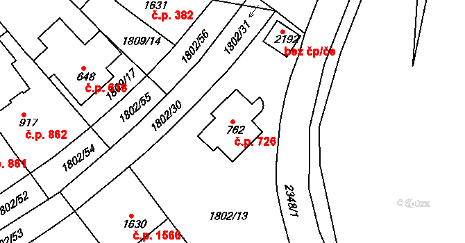Tišnov 726 na parcele st. 762 v KÚ Tišnov, Katastrální mapa