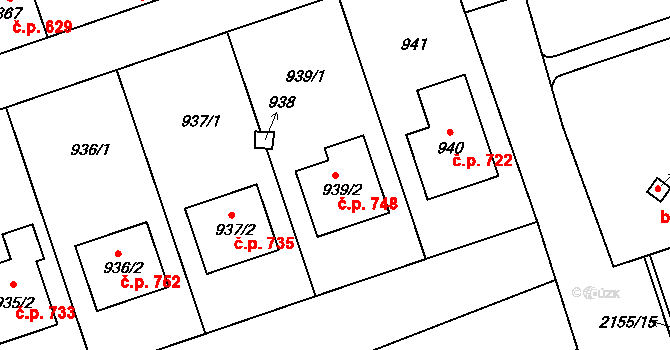 Lužice 748 na parcele st. 939/2 v KÚ Lužice u Hodonína, Katastrální mapa